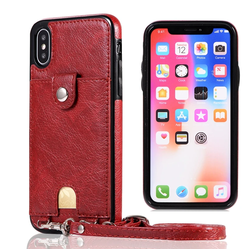 for iphone x case Card Pocket Back Case 6s 6 7 8 9 plus X XS XR MAX Soft PU Leather with Long Strap |