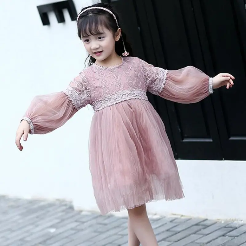 Spring Autumn Puff Long Sleeve Mesh Princess Dress Kids Birthday Girls