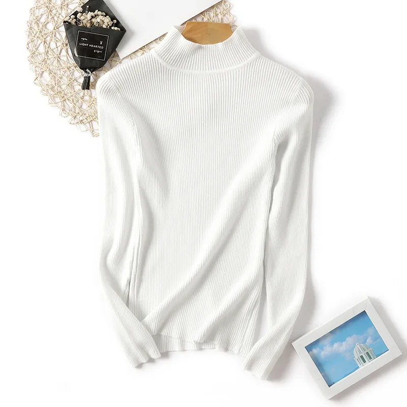 Женский вязаный свитер с высоким воротом осенний Повседневный мягкий джемпер с воротником поло модный тонкий женский эластичный пуловер Свитера - Цвет: Белый