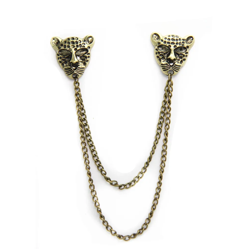 

Vintage Leopard Head Brooches For Women Bronze Lapel Pins Tassel broches mujer Chain Collar Pins Shirt Collar Clips CY026