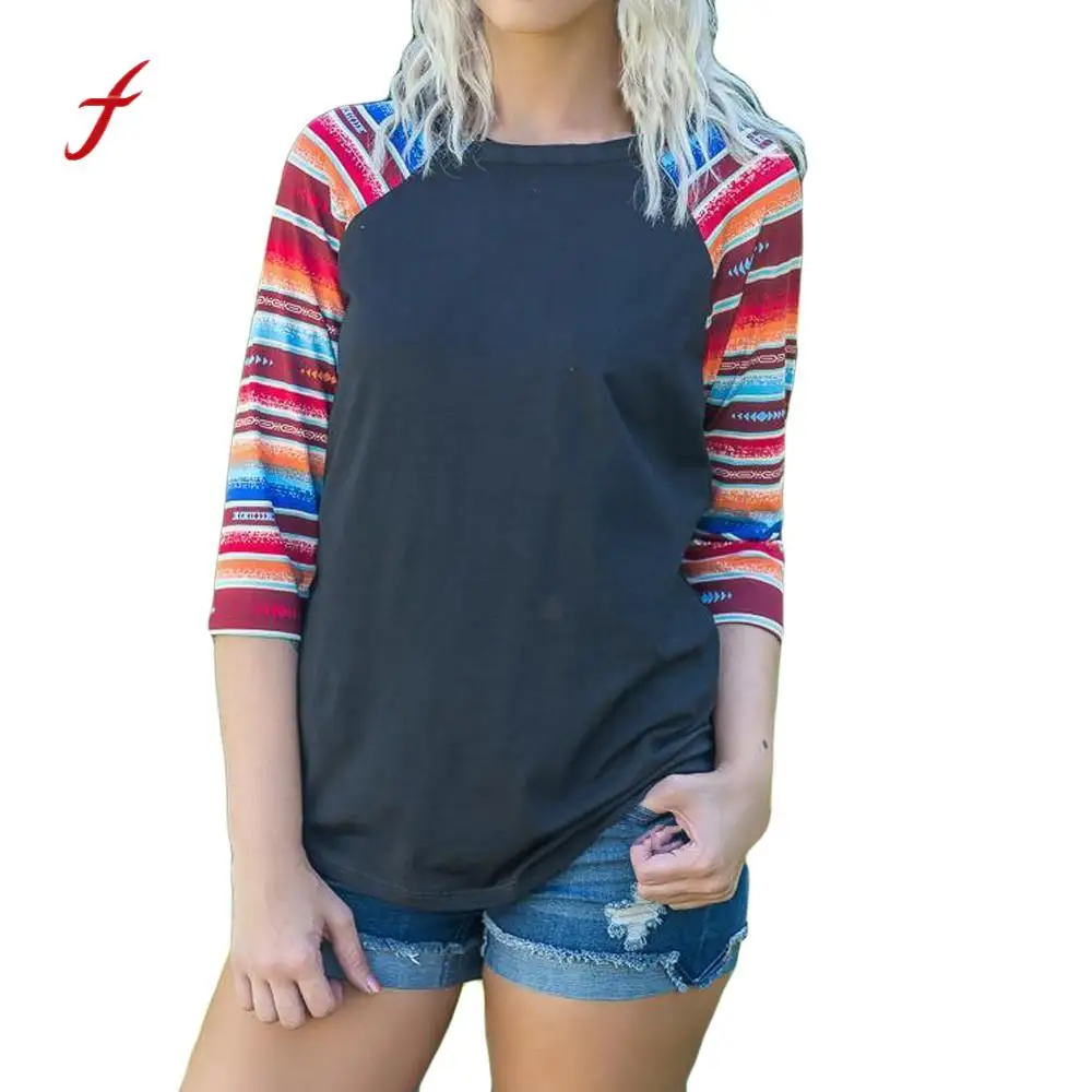 

Feitong Hot New Womens Tops And Blouses Fashion Patchwork Half Sleeve multicolor Stripe Printed Blouse Streetwear female top /PT