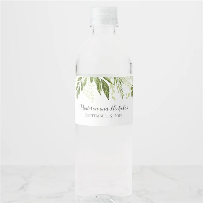 

Customized Personalized Green Leaf Wedding Water Bottle Labels, Greenery Water Bottle Label