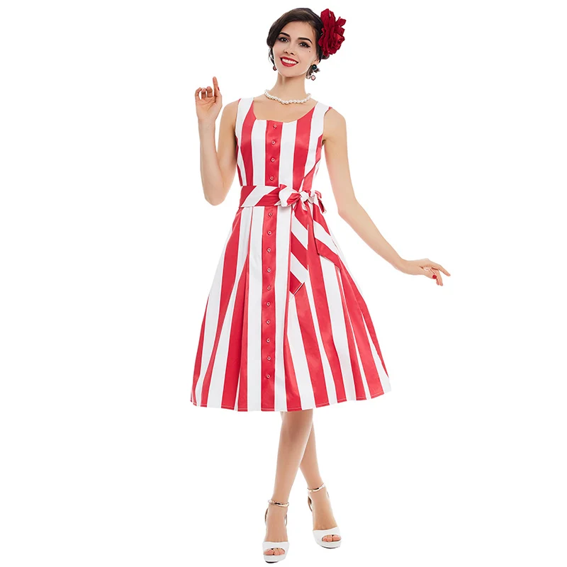 Brand Women Vertical Stripe Dress Red Retro Sashes Button Causal Daily