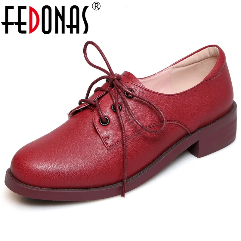 

FEDONAS New Vintage Round Toe Square Heels Lace Up Office Shoes Woman Spring Autumn Genuine Leather Genuine Leather Loafers