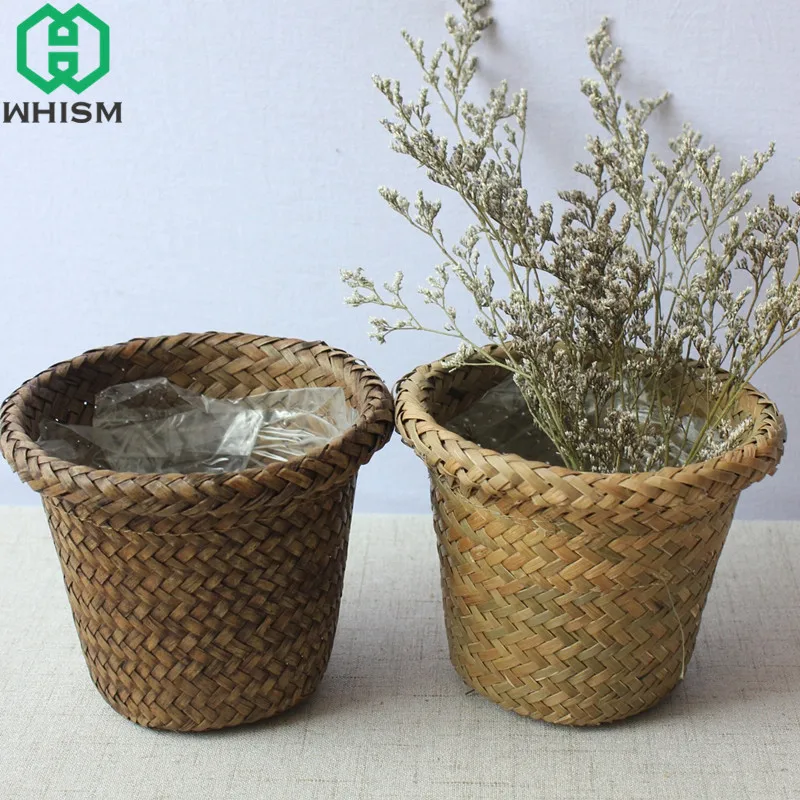 WHISM أعشاب بحرية سلة التخزين القش أصيص أزهار الحديقة اليدوية أشتات المنظم الروطان مصنع مربع سلة خوص الحضانة الأواني