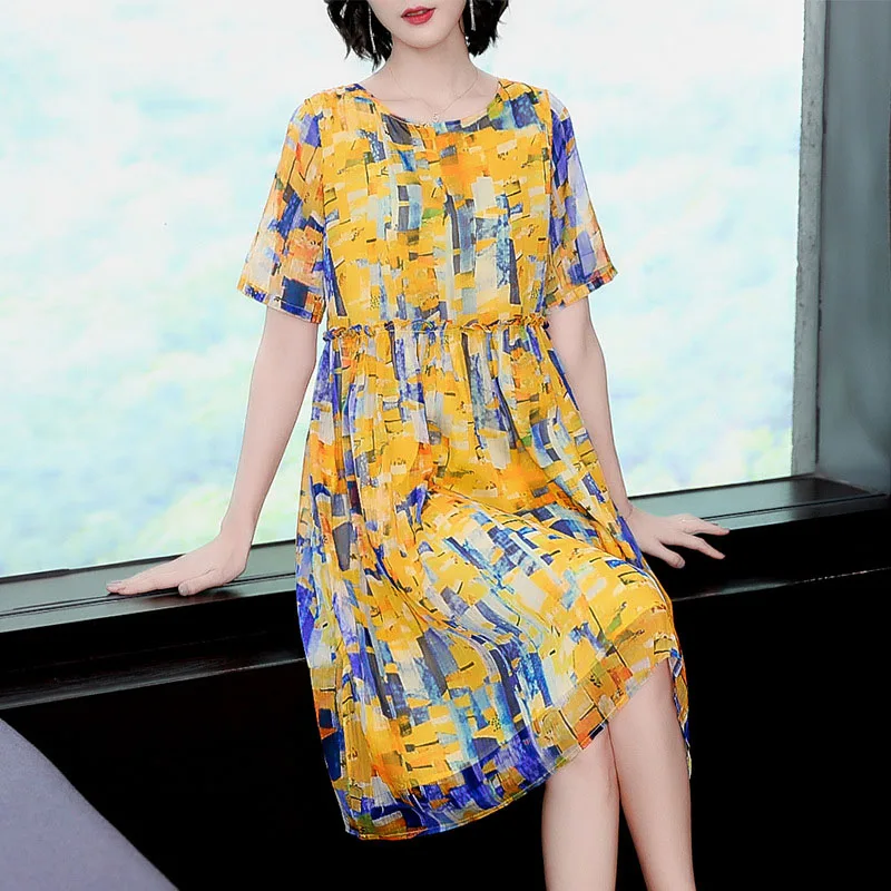 

Beach Yellow Dress Elegant Shirred Pleated A-Line Midi Vestido Summer Style Short Sleeve Printed Ladies Dresses Plus Size O-Neck