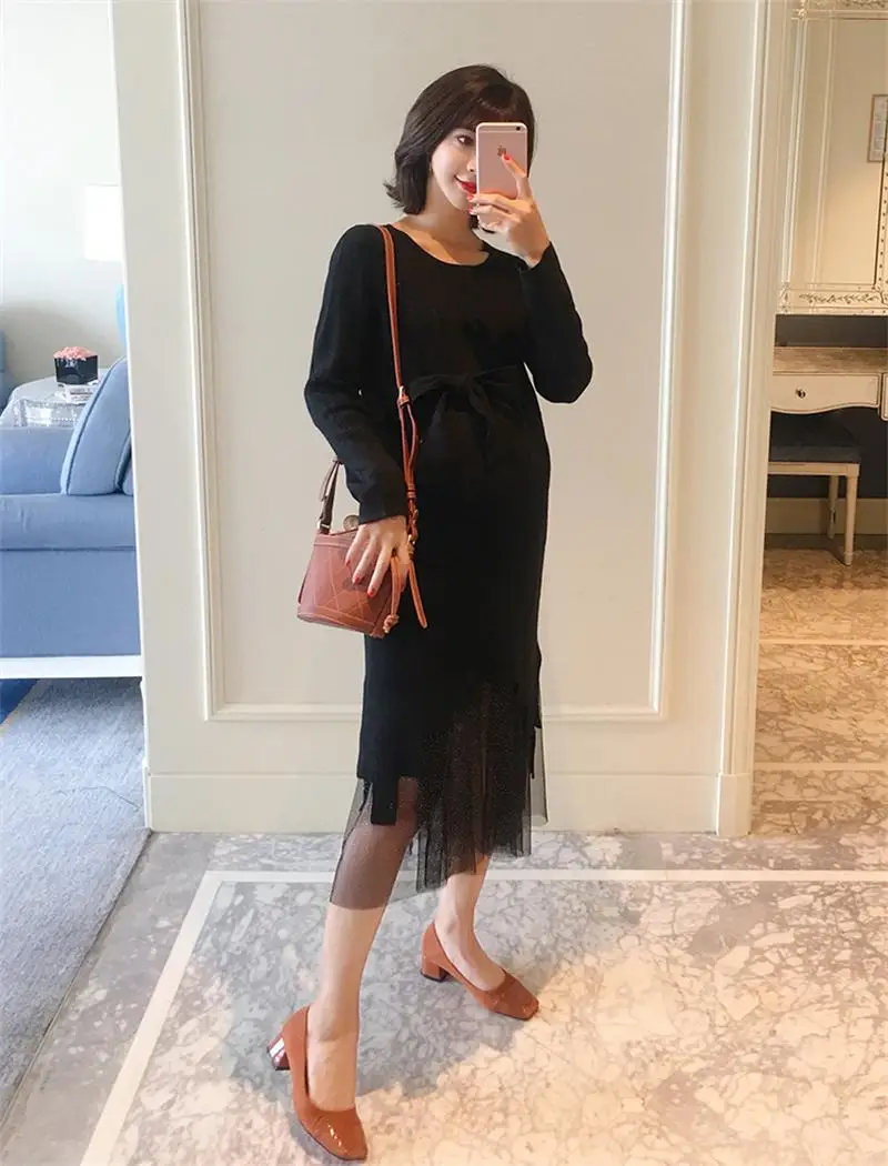 

Pregnant women mesh stitching knit dress 2018 autumn and winter new wave mother wearing a long section skirt