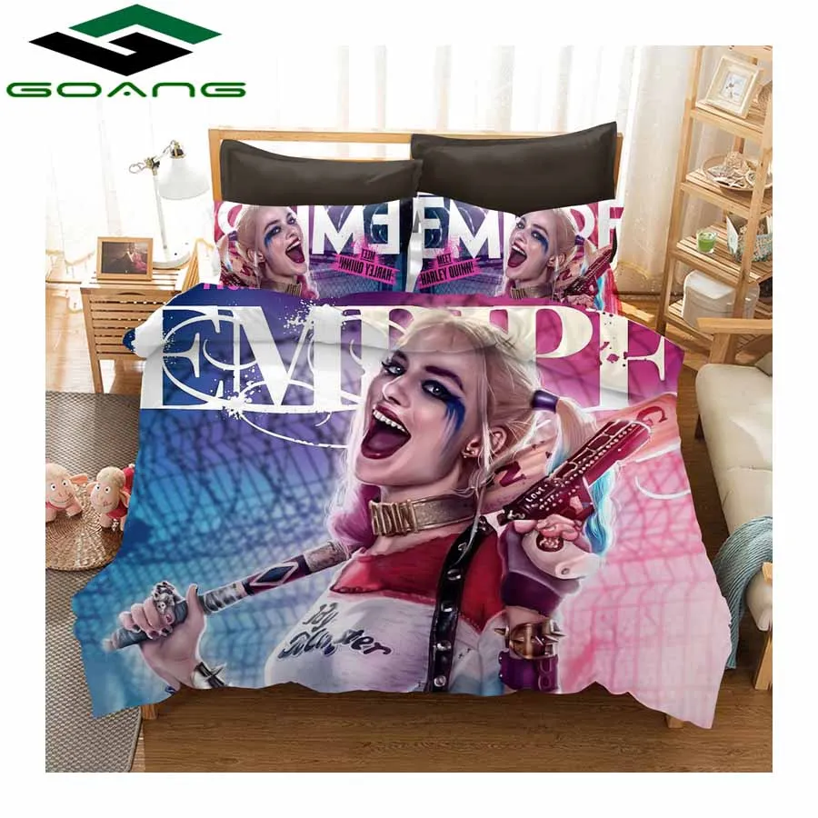GOANG Комплект постельного белья с 3d цифровой печатью Harley Quinn, простыня, пододеяльник, подушка, 3 шт., набор постельного белья queen, украшение для комнаты, подарок