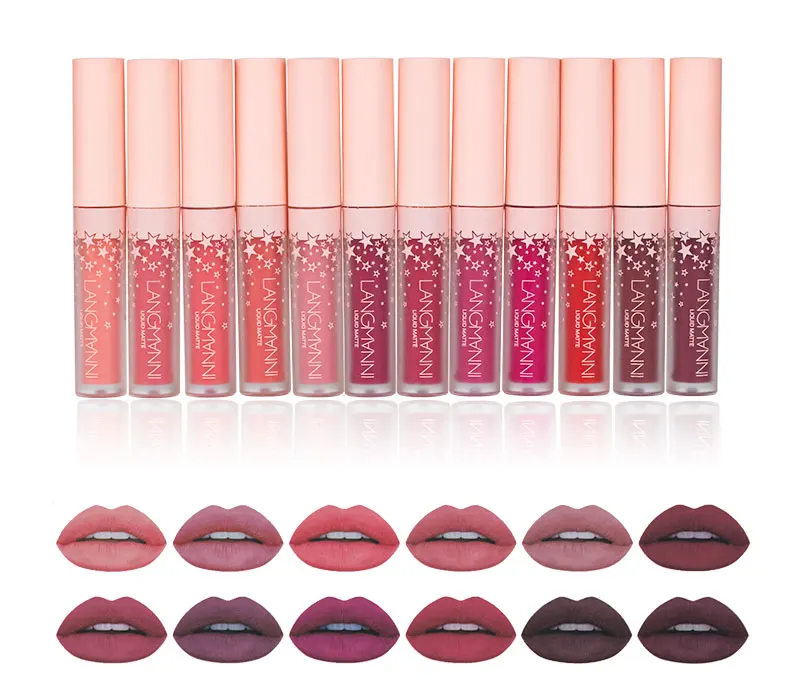 Batom à Prova Líquido de Veludo Kit de Maquiagem Langmanni Matte d' Água Sexy Hot Long-lasting Batom Mate Gloss Labial Conjunto 12 Pçs - Set 2 Brilho labial