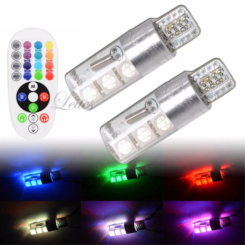 Leites 2pcs Super Led 5050 6SMD RGBW T10 W5W 168 194 LED Car Lights Reading Wedge Light Lamp Flash Strobe T10 Remote Control.09