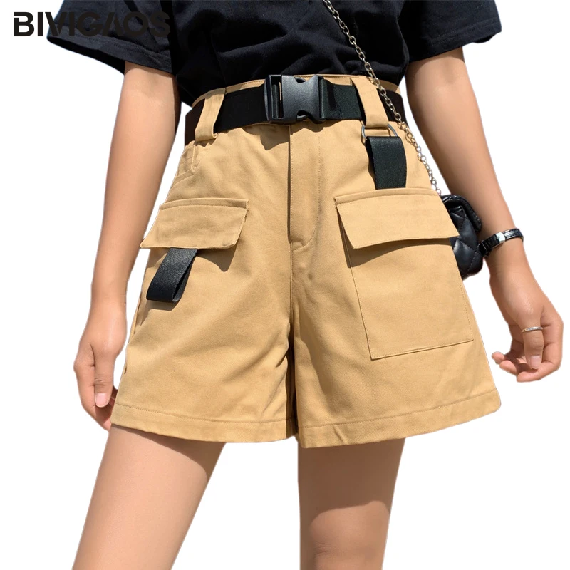 BIVIGAOS Summer New Belt Cargo Shorts Ribbon Pocket Cotton Short Women