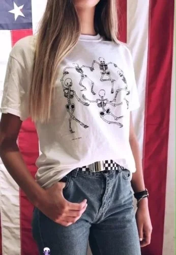 Billige Kuakuayu HJN Frauen Skeleton Dance T Shirt Tumblr Grunge Ästhetischen Weißen T Hipster Kunst Hoe Hemd