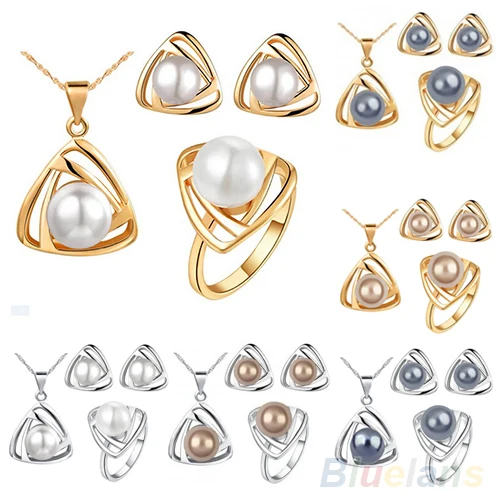 

Women's Wedding Pearl Jewelry Set Triangular Pendant Necklace Earrings Ring 1OZ6