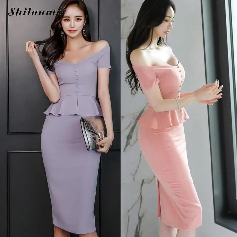 

Off Shoulder Short Sleeve Dresses 2019 Elegant Women Lavender Bodycon Dress Summer Ladies Office Party Work Pencil Dress Suit