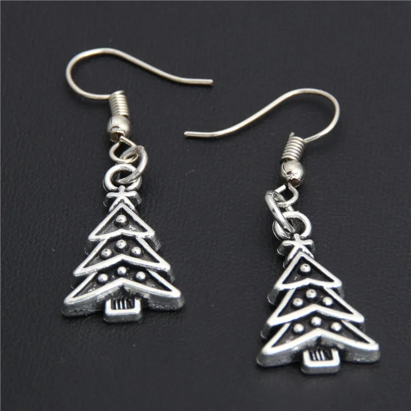 1Pair(2pcs) Silver Color Christmas Tree Pendant Drop Earring Handmade