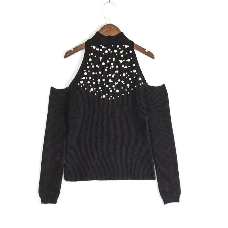 

2019 Spring and Autumn Women's Sweater Pearl Decoration Fashion Casual Knit Tops Slim Off-shoulder Sweaters Lady Sexy Clothes