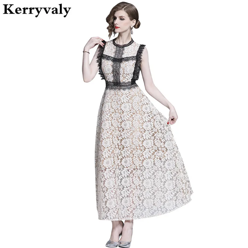

New Sleeveless Large Pendulum Summer Maxi Dress Vestidos Verano 2020 Eyelash Lace Stitching Hollow Long Party Dress K3582