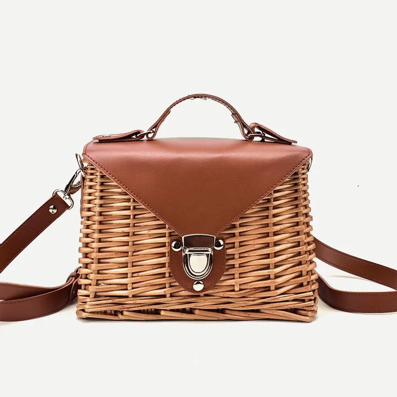 Женские тканые сумки, кожаная квадратная соломенная дамская сумка через плечо, сумки на плечо, летняя женская сумка - Цвет: brown