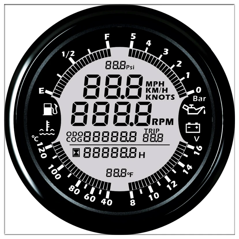 

RPM 6 in 1 GPS Speedometer Tachometer Hour Water Temp Fuel Level Oil Pressure Volt Meter for boat motor Digital car accesorios
