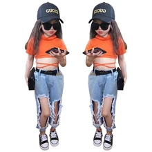 Летние джинсы для девочек; джинсовые штаны для малышей; детские брюки; модная уличная одежда; рваные джинсы до колена для детей 2-7 лет