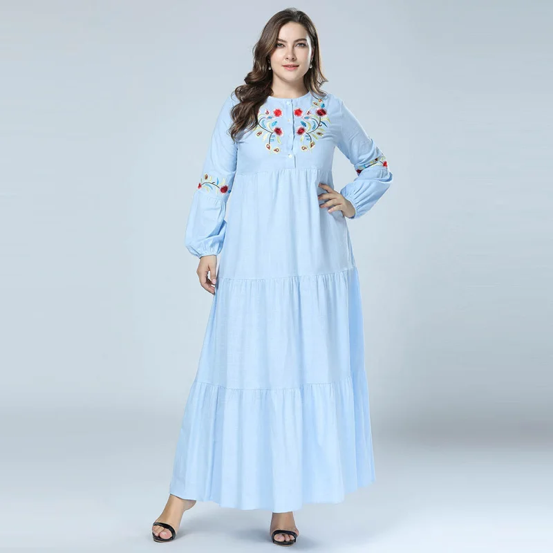 Light blue Women Bohemian Maxi Dress Elegant Flower Embroidery Cotton