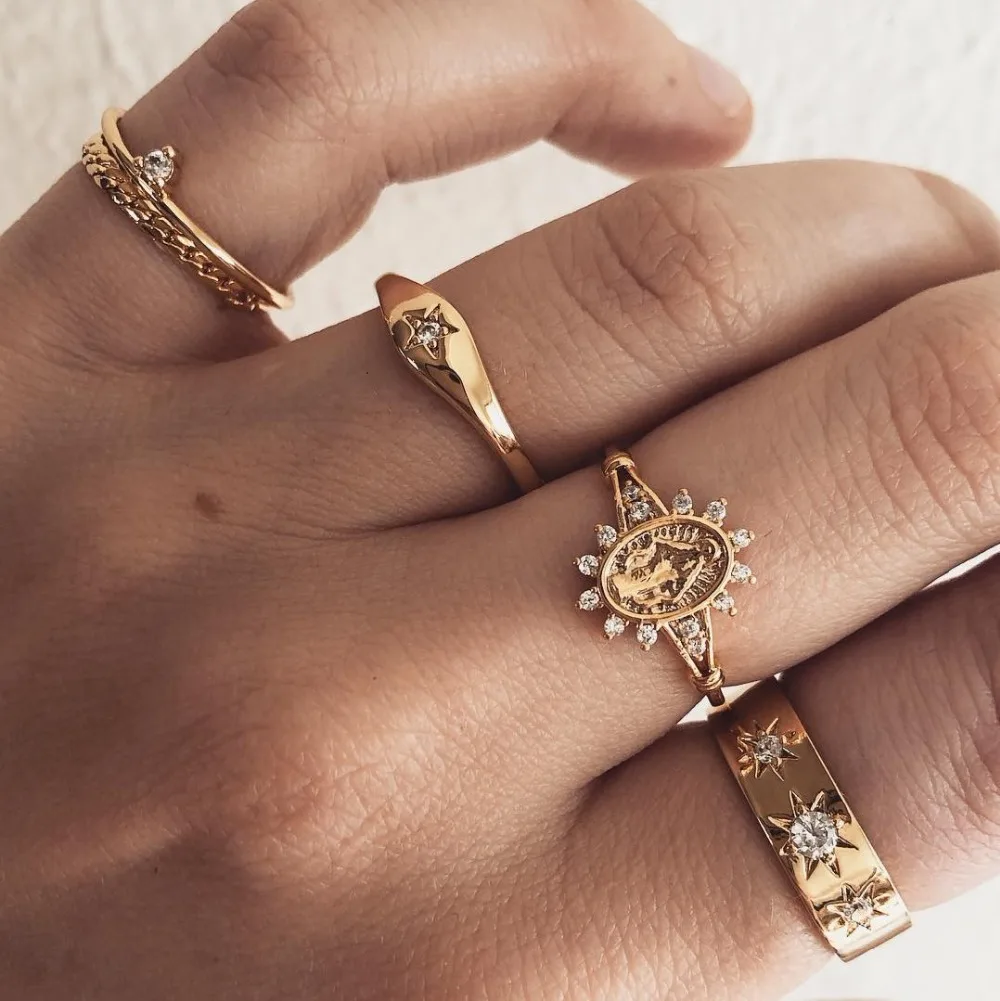 5 Pcs/Set Vintage Star Crystal Finger Ring Set Bohemian Gold Arrow