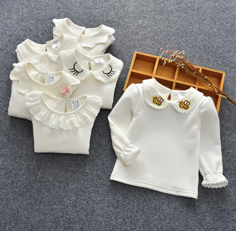 

New Children Winter Autumn Thicken T shirts Baby girls Long Sleeve Peter Pan Collar Lace Tops Kids Newborn Warm Bottoming Shirt