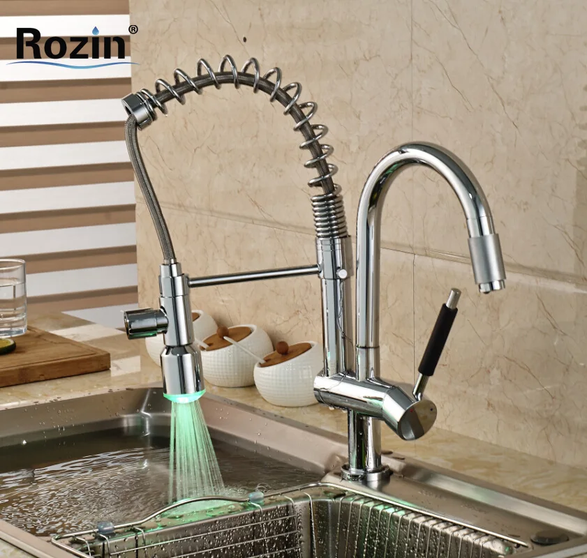 Chrome Finish LED Light Sprayer Kitchen Sink Faucet Single Lever Two Swivel Spout Pull Down Kitchen Mixer Taps