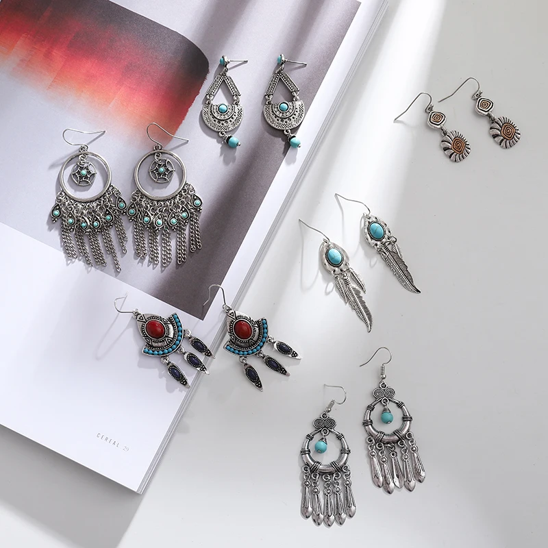

Drop earrings Ancient Silver Metal Blue Stone Tassel Feather Charm Tribal Earrings for Women Boho jewelry Female