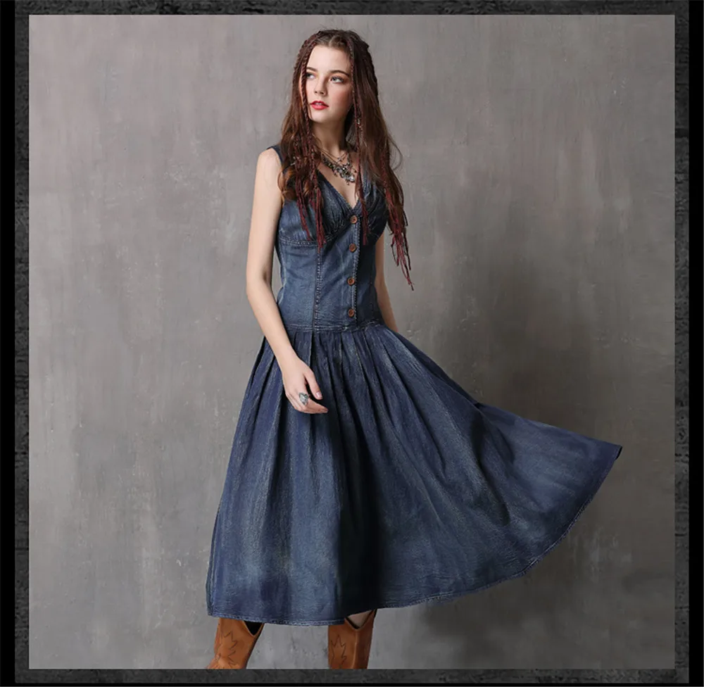 Vintage Summer Deep V-Neck Dress 2018 Boho New Denim Women Dresses Sleeveless A-line Swing Hem Sundresses Vestidos Femininas (14)