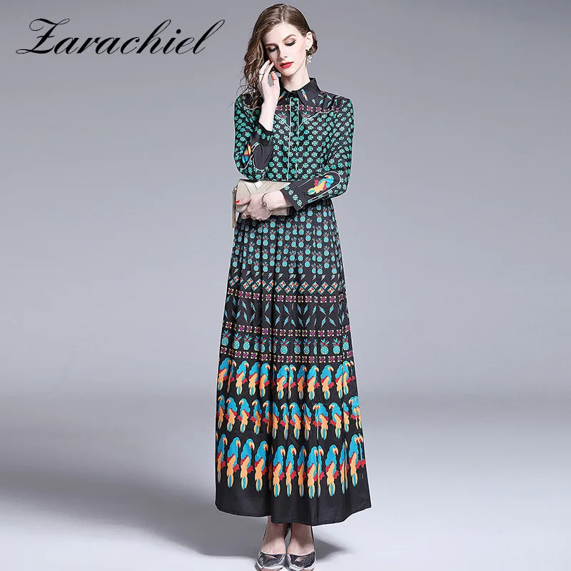 

Fashion Runway Autumn Maxi Dress Women's Wrist Sleeve Single-Breasted High Waist Green Flower Print Bohemian Holiday Long Dress