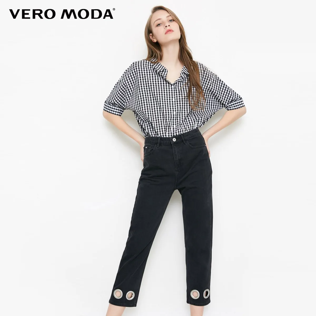 Vero Moda новые женские декоративные кольца с высокой талией Прямые укороченные джинсы | 318349551 - Цвет: Black denim