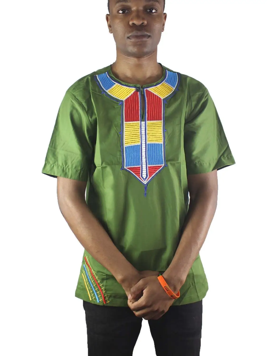 

African Abstract Embroidery Men`s Ethnic Tops Side Slit Henley Shirts for Summer Wearing