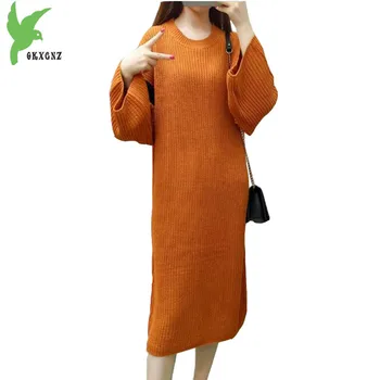 

New Fashion Women Autumn Winter Knitted Sweaters Long Dress Solid Color Loose Large Yards Thick Casual Pullover Dress OKXGNZ 953