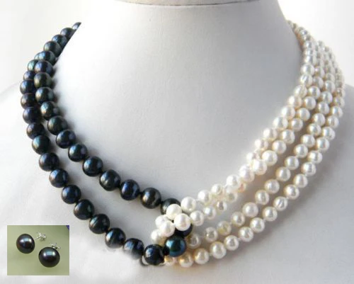 

4Strands 18'' Round 6mm White 8mm Black Freshwater Pearl Necklace earring