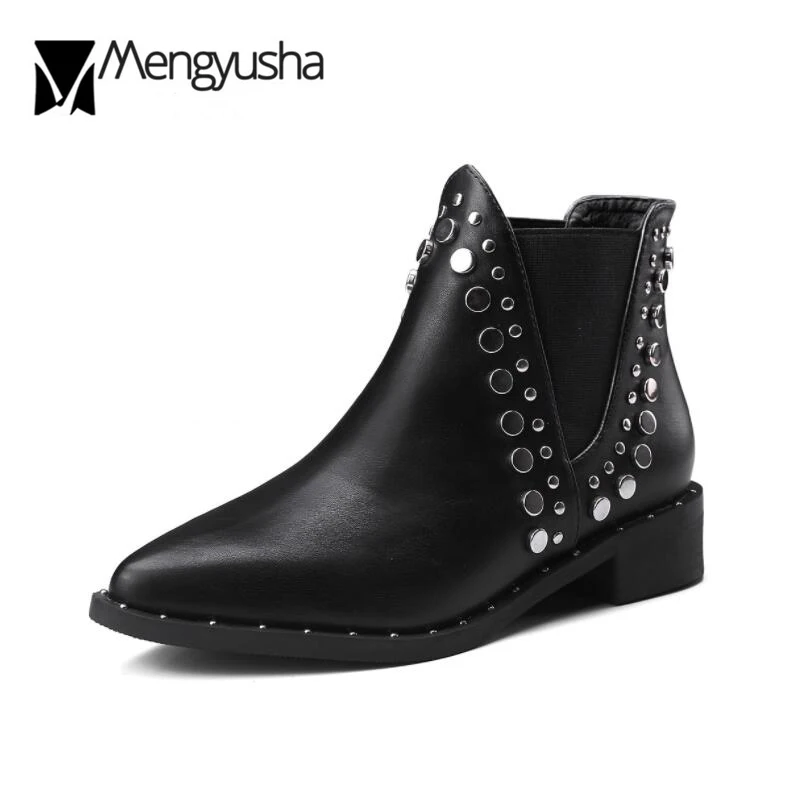 

British style woman boots studs rivets Martin boots pointed toe low heels shoes rivets Chelsea bootas big size 34-43 ankle botas