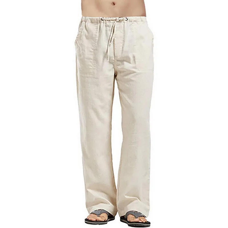 Oeak Men Summer Linen Loose Slim Fit Pants New Casual Elastic Waist Solid Color Straight Trousers Beachwear Joggers Sweatpants - Цвет: Хаки