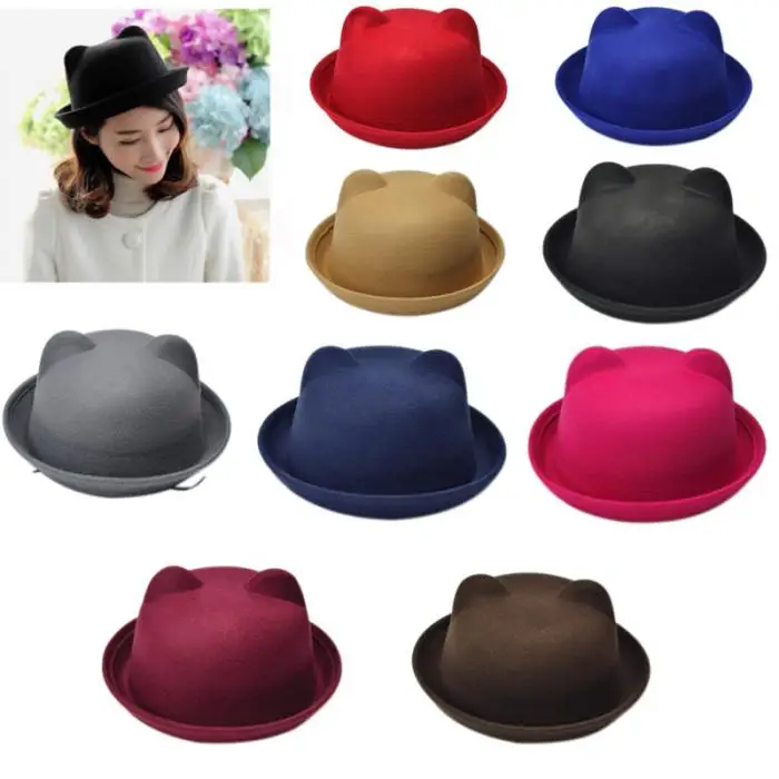 Women Cat Ears Cap Jazz Bowler Felt Fedora Hat Spring Autumn Cylinder Caps Bonnet GDD99