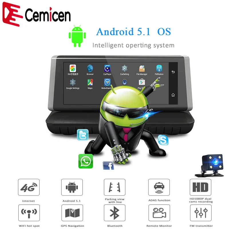 Автомобильный видеорегистратор Cemicen " 4G Wifi Android 5,1 HD 1080P Dash Cam заднего вида Dash камера с двумя объективами ADAS gps навигация Bluetooth рекордер