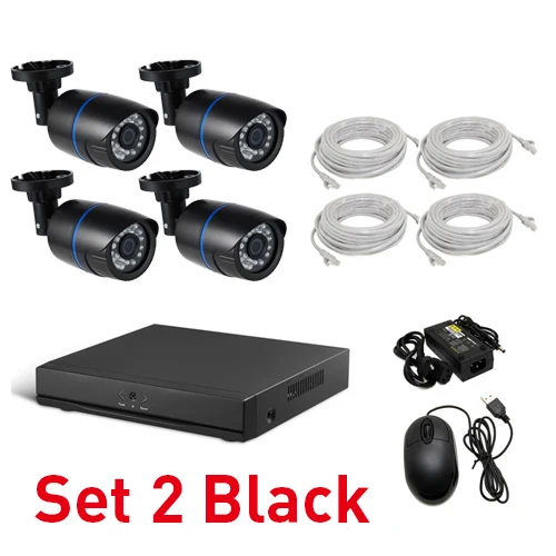 4CH POE 1080P CCTV IP камера система Комплект HD 4-канальный NVR 4 шт. 1920x1080P 2.0MP Водонепроницаемая камера комплект видеонаблюдения - Цвет: Set 2 Black