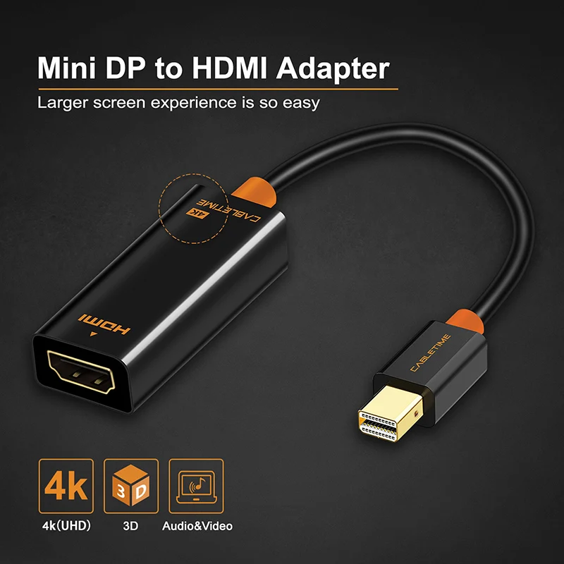 CABLETIME Thunderbolt Mini DP To HDMI Adapter Male-Female 4K Mini Display Port to HDMI Cable for PC Macbook Pro Lenovo 4k C063 CABLETIME Thunderbolt Mini DP To HDMI Adapter Male-Female 4K Mini Display Port to HDMI Cable for PC Macbook Pro Lenovo 4k C063