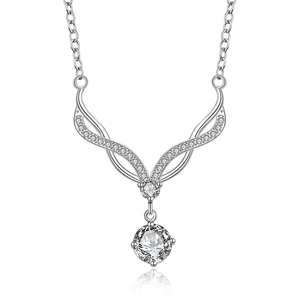 

925 sterling silver jewelry double leafage cross link white crystal stone pendant necklace women wedding promotion fine jewerly