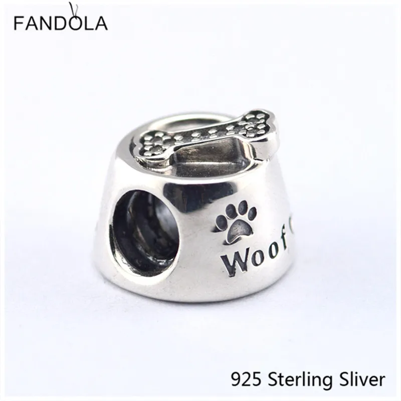 

Dog Bowl with Bone Lover Pet Silver Charm with CZ 925 Sterling-Silver Fit European Style Bracelet Bead for Women DIY Making Gift