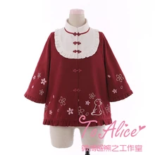 "Кролик и сакура" китайский стиль Женская Зимняя Красная Шерстяная Смесь пальто Половина рукава оборки отделка куртка Лолита верхняя одежда милая