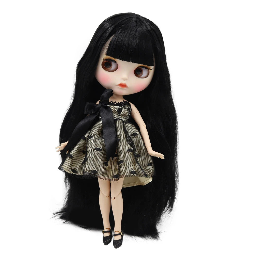 

1/6 Blyth doll white skin joint body Black straight hair new matte face with eyebrows Lip gloss.NO.BL117