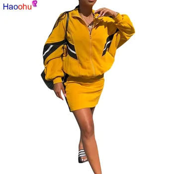 

HAOOHU Two Piece Set Tracksuit Women Clothes Casual Autumn Winter Outfits Jacket Tops+Mini Skirts Suits 2 Piece Matching Sets