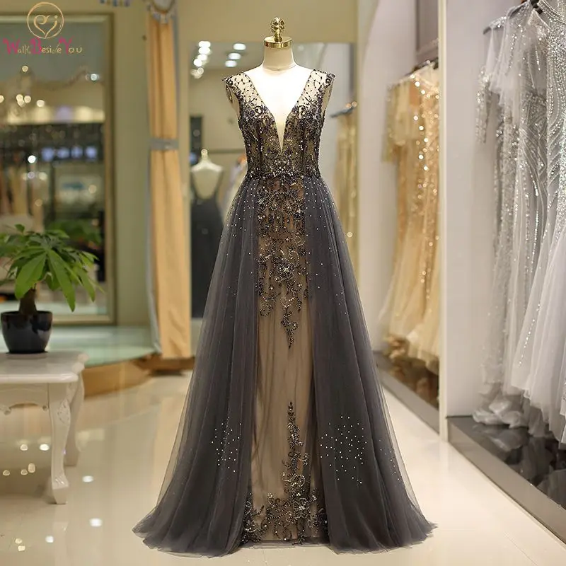 Luxury Hard Beading Evening Dresses Dark Gray Gold Diamond Crystal