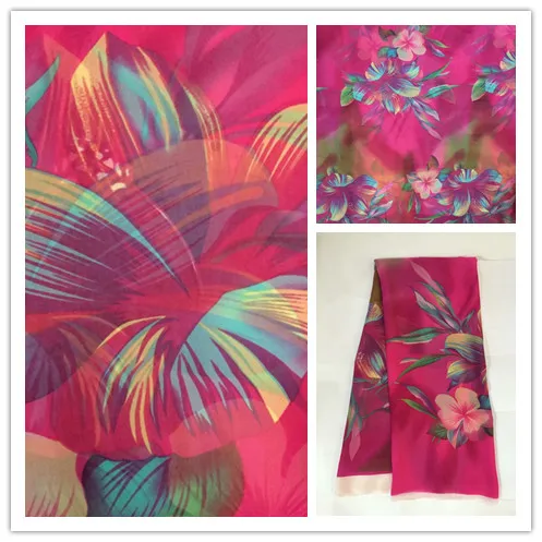 

140cm Pink color printed flowers silk fabrics mulberry silk chiffon fabric textile for girls summer dress clothing carf 6M/M Y05