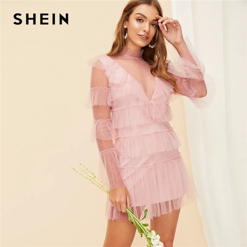 

SHEIN Pink Keyhole Back Layered Ruffle Mesh Overlay Mini Dress Women Spring Sexy Sheer Stand Collar Flounce Sleeve Bodycon Dress