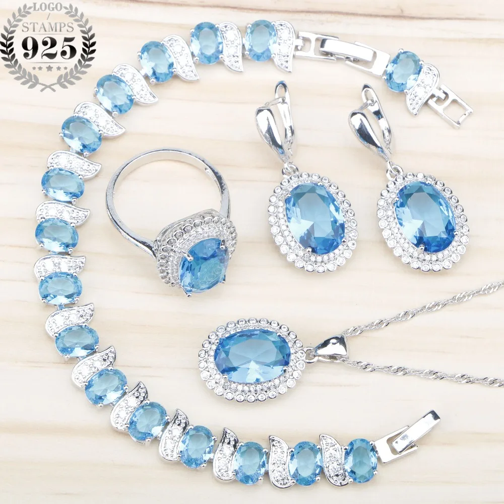 

Blue Zircon Sliver 925 Costume Jewelry Sets Women Bracelets Necklace Pendant Earrings With Natural Stones Rings Gift Box